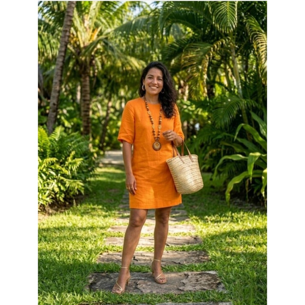 New Banana Republic Dress 2 Petite 100% Linen Shift Orange Short Sleeve Preppy